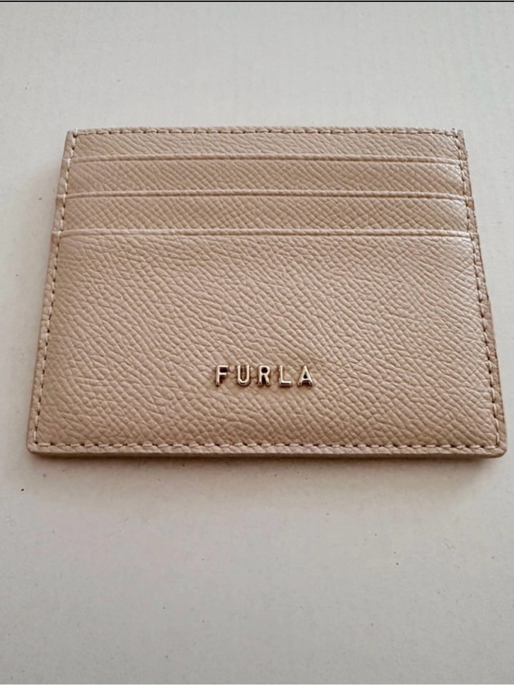 Furla Nude Beige Textured Leather Card Holder with Gold Logo